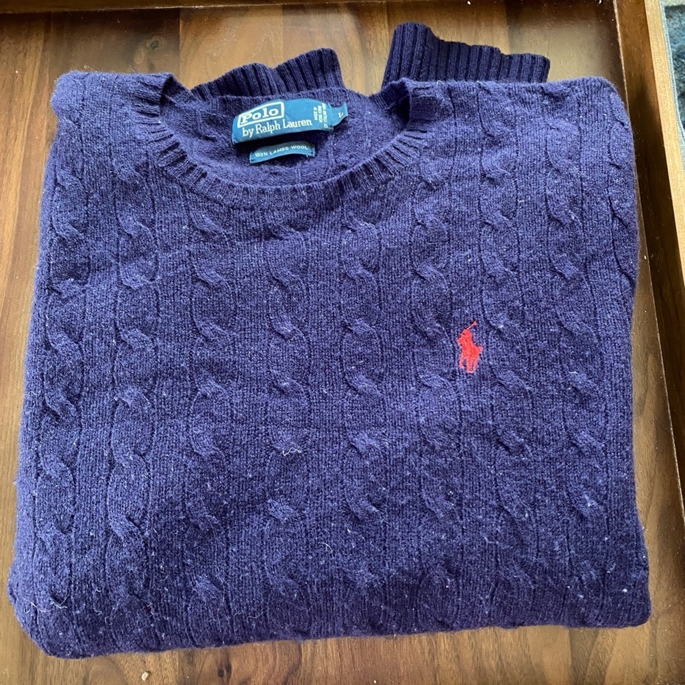Polo by Ralph Lauren Men’s Cable 100% Lambs Wool navy sweater size L